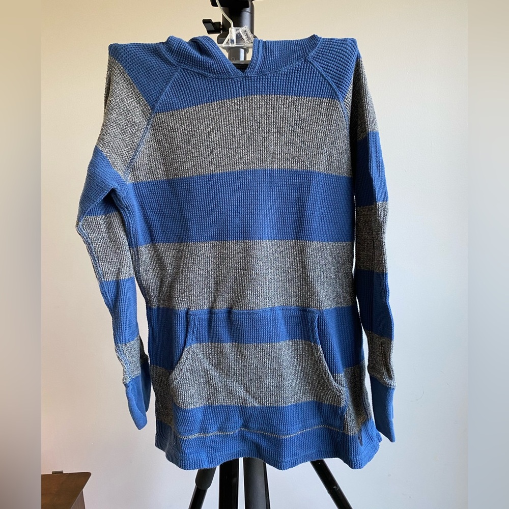Blue and Gray striped long sleeved hooded pullover